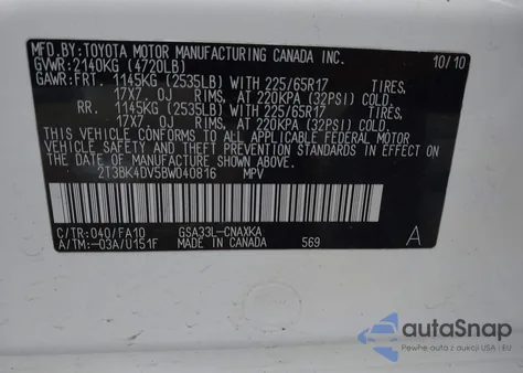 2011 Toyota Rav4 Base V6 z USA, uszkodzony, nr VIN 2T3BK4DV5BW040816